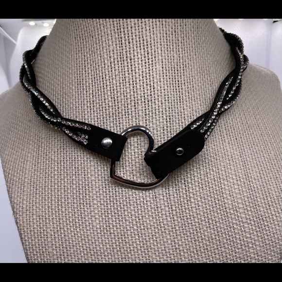 Leather bracelet or choker with heart charm and rhinestones. - Picture 2 of 10